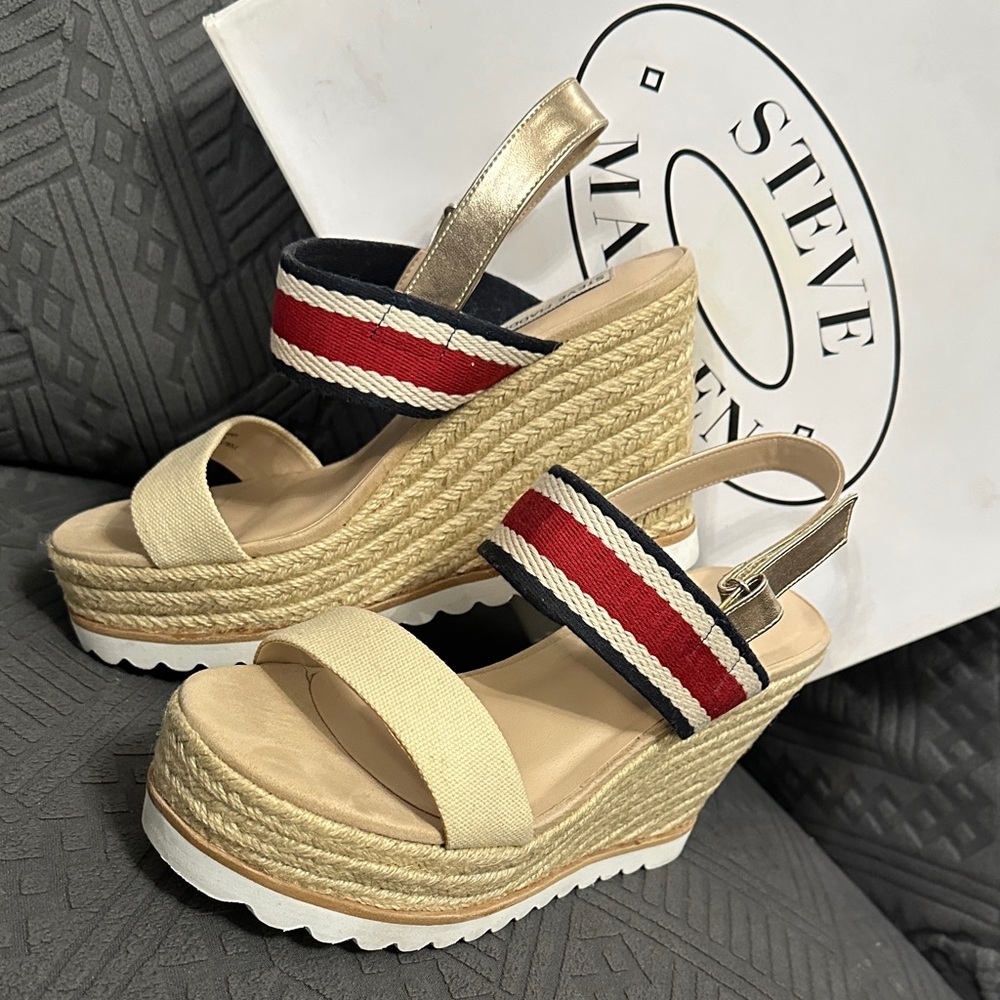 Steve Madden Gold and Tan Wedges with Red and Blue Accents